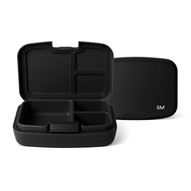 Black three-compartment bento lunch container from Simple Modern with divided interior, shown open and closed against white background, includes carrying case with SM logo. Black three-compartment bento lunch container from Simple Modern with divided interior, shown open and closed against white background, includes carrying case with SM logo.