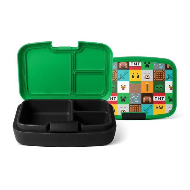 Simple Modern Minecraft-themed lunchbox with bright green exterior, black compartmentalized tray insert, and decorative lid featuring pixel art characters, TNT blocks, and creepers on white background. Simple Modern Minecraft-themed lunchbox with bright green exterior, black compartmentalized tray insert, and decorative lid featuring pixel art characters, TNT blocks, and creepers on white background.