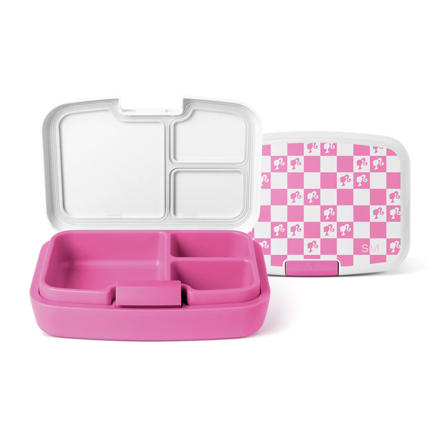 Hot pink Simple Modern lunch container with compartments, shown in three positions displaying clear lid and pink-and-white checkerboard patterned lid with doll silhouettes, displayed against white background. Hot pink Simple Modern lunch container with compartments, shown in three positions displaying clear lid and pink-and-white checkerboard patterned lid with doll silhouettes, displayed against white background.