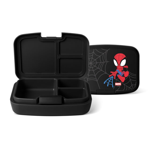 Black Spider-Man lunch container system by Simple Modern showing open base with compartments and matching lid featuring Spider-Man in red suit with blue accents and gray web pattern on white background. Black Spider-Man lunch container system by Simple Modern showing open base with compartments and matching lid featuring Spider-Man in red suit with blue accents and gray web pattern on white background.