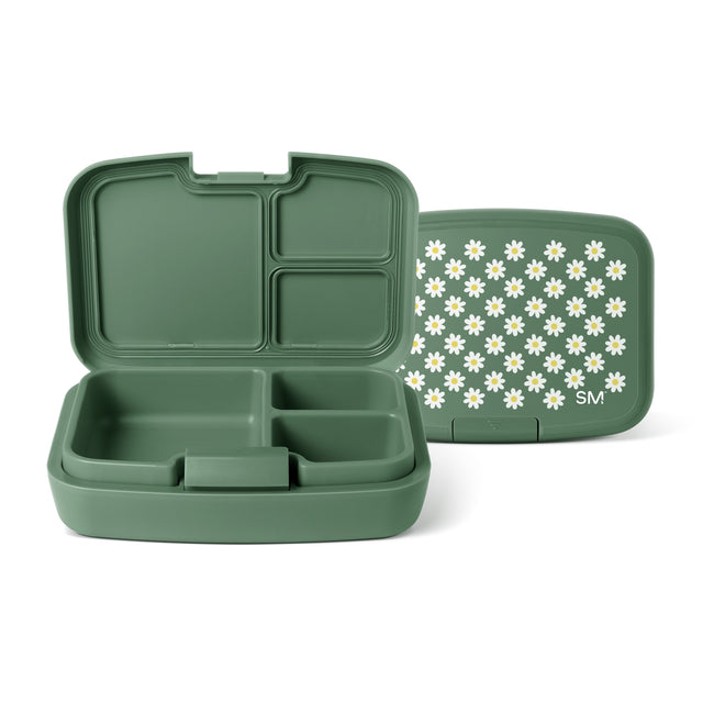 Sage green Simple Modern bento lunch box shown open and closed, displaying four interior compartments with white daisy pattern on lid and SM logo. Sage green Simple Modern bento lunch box shown open and closed, displaying four interior compartments with white daisy pattern on lid and SM logo.