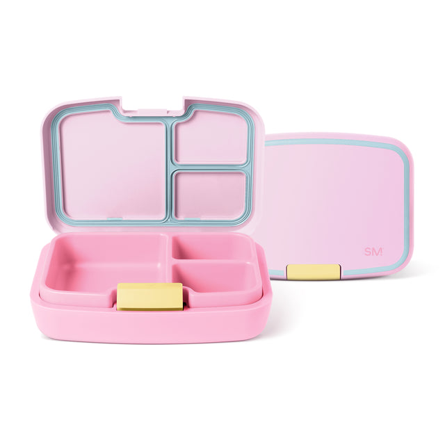 Pink bento lunch box with turquoise compartment dividers and metal latches, shown opened and closed against white background. Simple Modern brand. Pink bento lunch box with turquoise compartment dividers and metal latches, shown opened and closed against white background. Simple Modern brand.