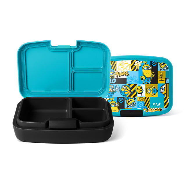 Turquoise and black Simple Modern bento lunch container with Minions design, shown open and closed with three compartments on lid and divided black base tray with center handle. Turquoise and black Simple Modern bento lunch container with Minions design, shown open and closed with three compartments on lid and divided black base tray with center handle.