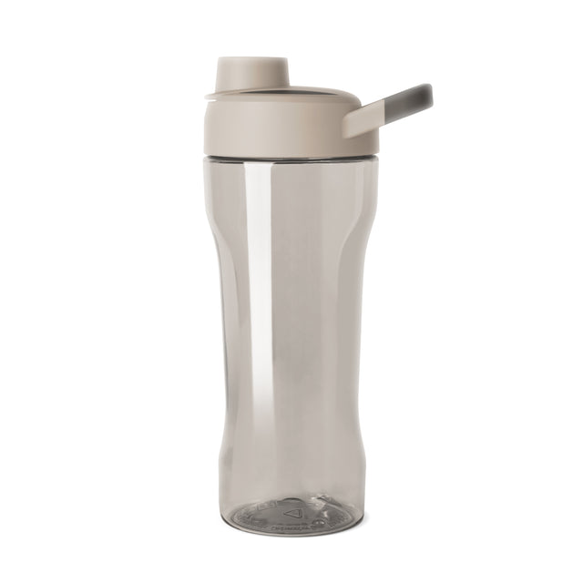 Translucent frosted plastic skincare bottle with warm greige and cream tones, featuring a clear body and matching top cap against a neutral background Translucent frosted plastic skincare bottle with warm greige and cream tones, featuring a clear body and matching top cap against a neutral background