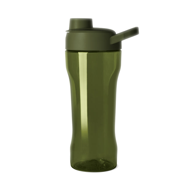 Dual-tone green water bottle with olive sage upper portion and flip-top lid, lighter green main body Dual-tone green water bottle with olive sage upper portion and flip-top lid, lighter green main body