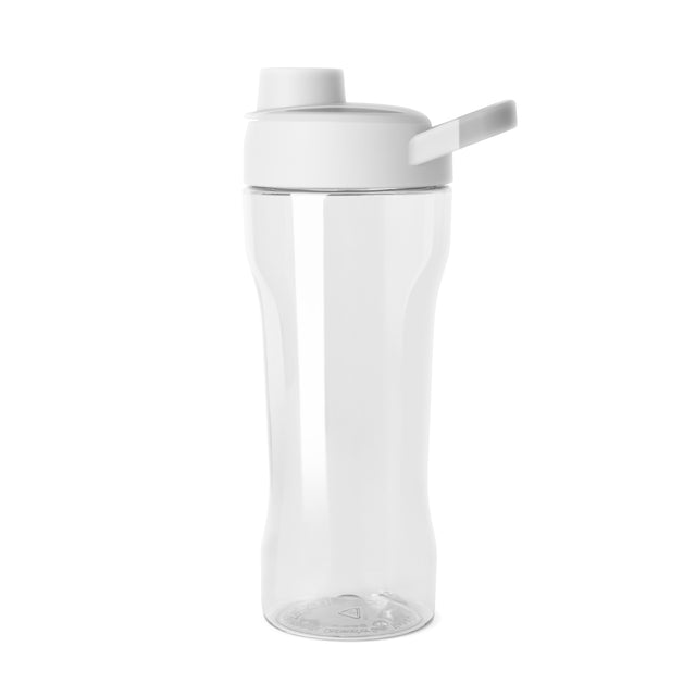 White and transparent two-chamber bottle with bright white cap and soft gradient shading on upper chamber, clear lower chamber visible below. White and transparent two-chamber bottle with bright white cap and soft gradient shading on upper chamber, clear lower chamber visible below.