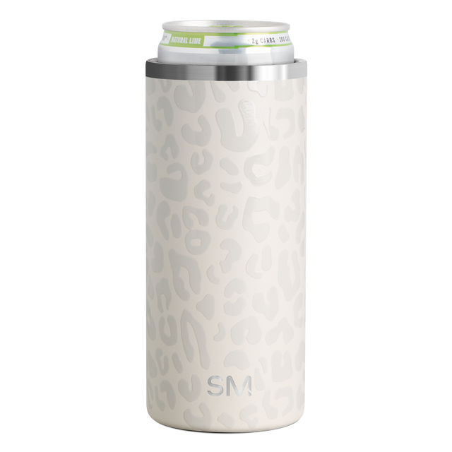 Cream-colored insulated can cooler with tonal leopard print pattern on white background Cream-colored insulated can cooler with tonal leopard print pattern on white background
