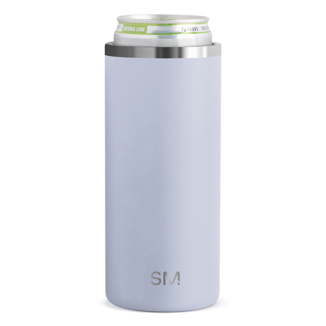 Tall cylindrical sleeve with soft pale periwinkle blue body and polished stainless steel band across the top Tall cylindrical sleeve with soft pale periwinkle blue body and polished stainless steel band across the top