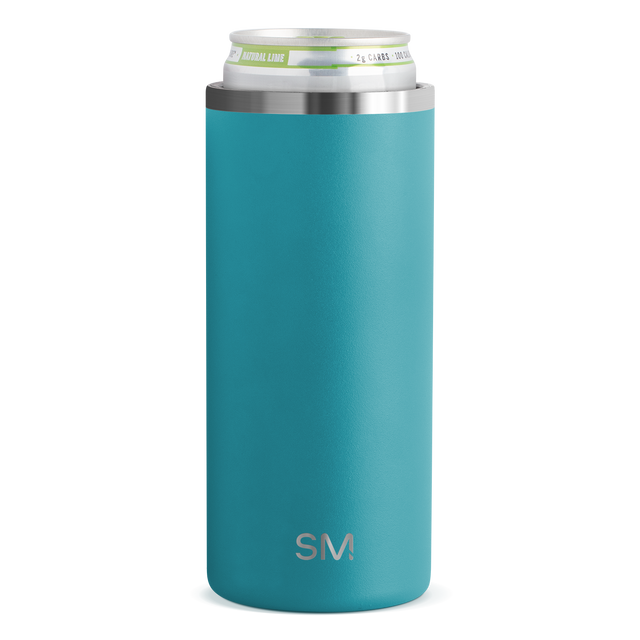 Tall cylindrical beverage cooler sleeve in vibrant turquoise blue with brushed stainless steel band, centered on white background. Tall cylindrical beverage cooler sleeve in vibrant turquoise blue with brushed stainless steel band, centered on white background.
