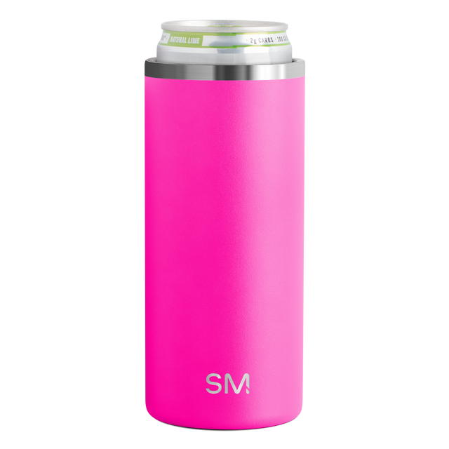 Magenta cylindrical product with stainless steel rim and lime green accent detail Magenta cylindrical product with stainless steel rim and lime green accent detail