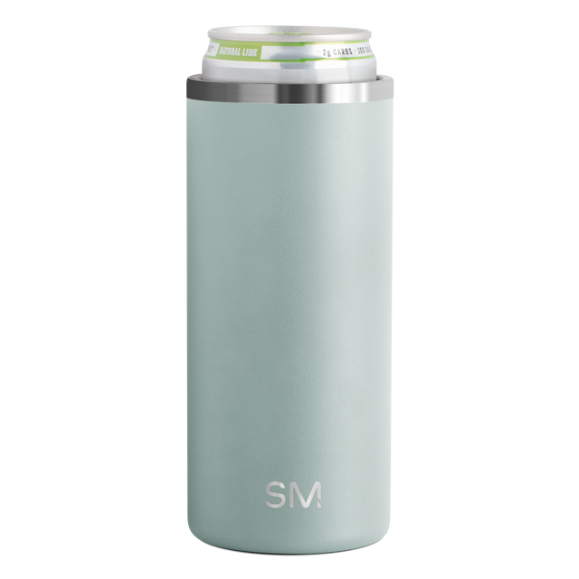 Slim cylindrical sage green neoprene can cooler with brushed stainless steel bands at top and bottom rims Slim cylindrical sage green neoprene can cooler with brushed stainless steel bands at top and bottom rims
