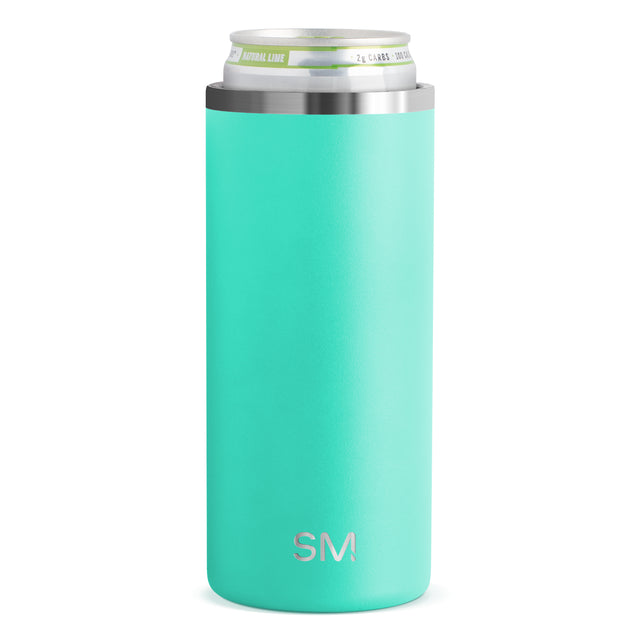 Turquoise slim cylindrical beverage can cooler with matte textured exterior surface Turquoise slim cylindrical beverage can cooler with matte textured exterior surface