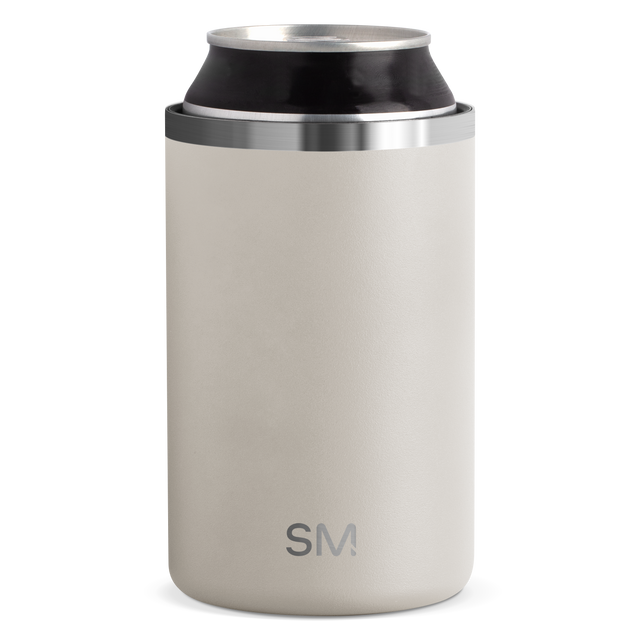 Cream-colored RGR-STN-ALB-M with brushed stainless steel bands at top and middle sections, black interior can visible at top opening. Cream-colored RGR-STN-ALB-M with brushed stainless steel bands at top and middle sections, black interior can visible at top opening.