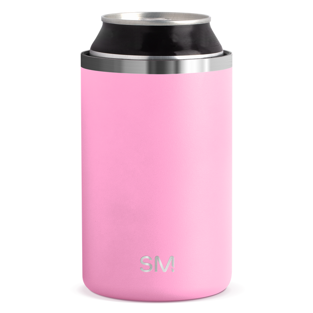 Pink cylindrical brand can cooler with white background, minimalist studio photography style Pink cylindrical brand can cooler with white background, minimalist studio photography style