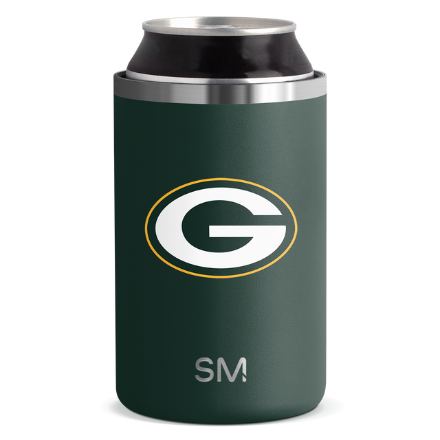 Forest green can cooler with brushed stainless steel band at rim and white logo with golden yellow oval accent Forest green can cooler with brushed stainless steel band at rim and white logo with golden yellow oval accent