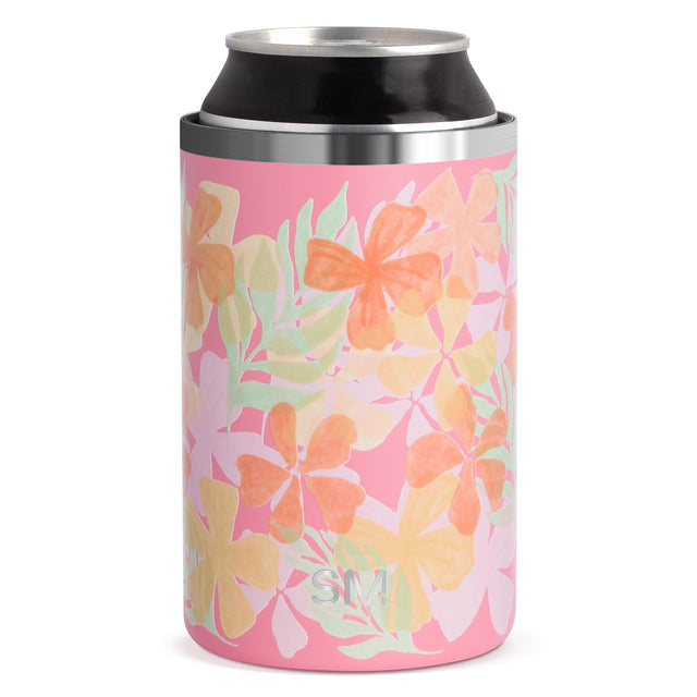 Pink and coral insulated can cooler from Simple Modern with stainless steel band, featuring botanical floral design in watercolor style, double-wall construction, isolated on white background. Pink and coral insulated can cooler from Simple Modern with stainless steel band, featuring botanical floral design in watercolor style, double-wall construction, isolated on white background.