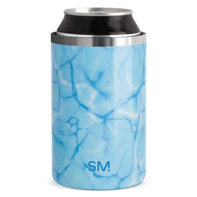 Light blue marbled can cooler with darker blue veining, brushed silver metal rim bands, and SM logo. Double-walled insulated beverage holder on white background. Light blue marbled can cooler with darker blue veining, brushed silver metal rim bands, and SM logo. Double-walled insulated beverage holder on white background.