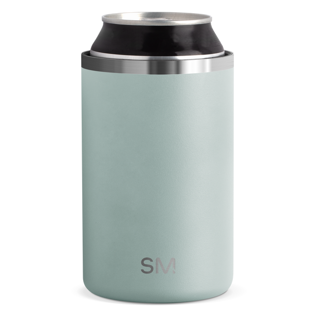Sage green insulated can cooler with brushed stainless steel bands at top and middle sections Sage green insulated can cooler with brushed stainless steel bands at top and middle sections