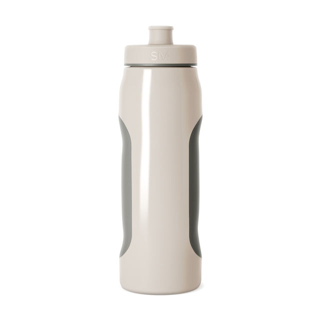 Cream-colored water bottle with sage gray grip panels and dark accents, shown against a neutral background Cream-colored water bottle with sage gray grip panels and dark accents, shown against a neutral background
