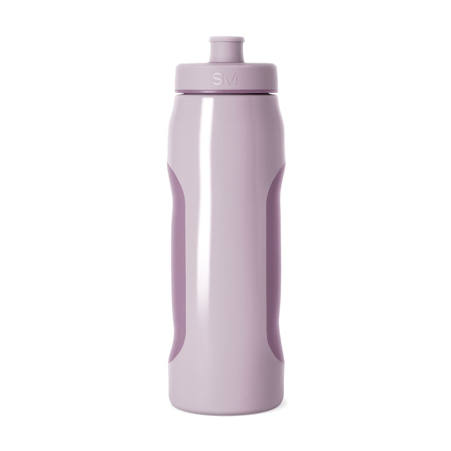 Pale mauve cylindrical water bottle with curved ergonomic insets on white background, front view product shot Pale mauve cylindrical water bottle with curved ergonomic insets on white background, front view product shot