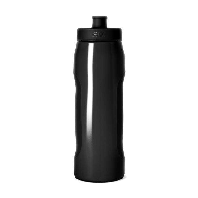 Black water bottle with glossy finish and reflective highlights down the center Black water bottle with glossy finish and reflective highlights down the center