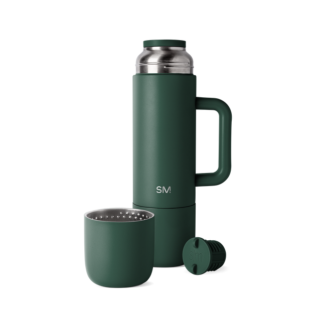 Sage green insulated thermos set with brushed stainless steel accents, including matching cup base and removable cap Sage green insulated thermos set with brushed stainless steel accents, including matching cup base and removable cap