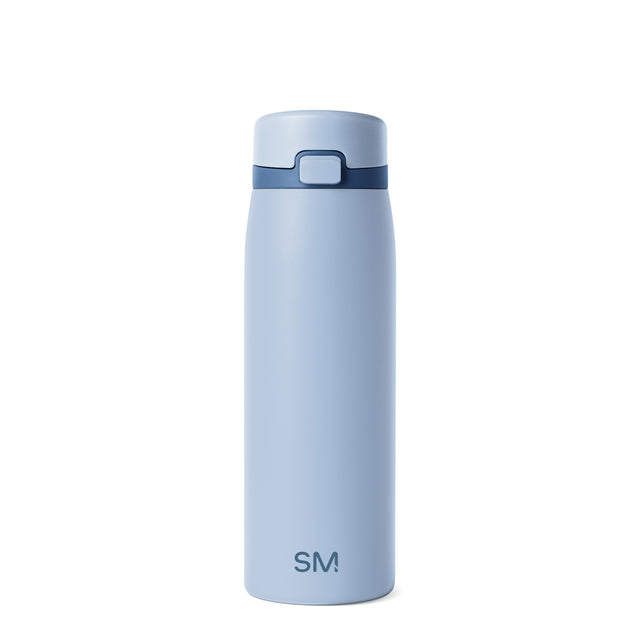 Soft pale blue cylindrical water bottle with navy blue lid band and decorative elements Soft pale blue cylindrical water bottle with navy blue lid band and decorative elements