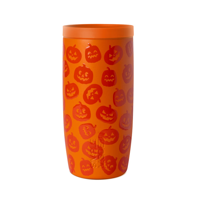 Bright orange tumbler with dark red jack-o'-lantern face illustrations printed around the cylindrical surface, orange rim and lid included. Bright orange tumbler with dark red jack-o'-lantern face illustrations printed around the cylindrical surface, orange rim and lid included.