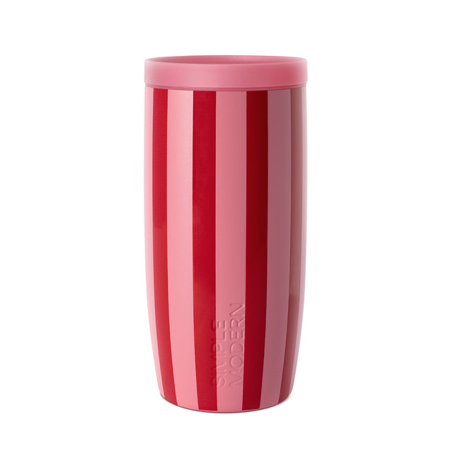 Red and pink striped 16oz tumbler with bold vertical stripes in deep red and light pink alternating pattern Red and pink striped 16oz tumbler with bold vertical stripes in deep red and light pink alternating pattern