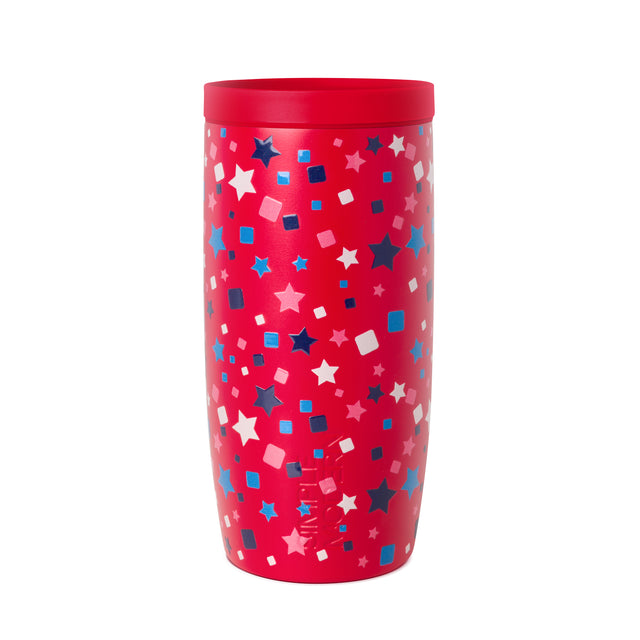 Bright red insulated drinkware with multi-colored geometric pattern featuring navy blue, cyan, pink, and white accents Bright red insulated drinkware with multi-colored geometric pattern featuring navy blue, cyan, pink, and white accents