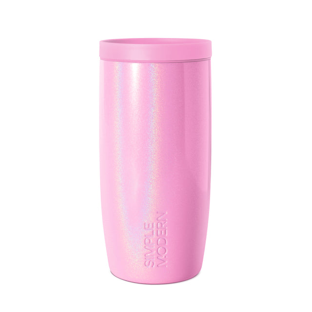 Soft bubblegum pink tumbler with vertical white and silver iridescent glitter stripes creating a shimmering effect down the body of the cup. Soft bubblegum pink tumbler with vertical white and silver iridescent glitter stripes creating a shimmering effect down the body of the cup.