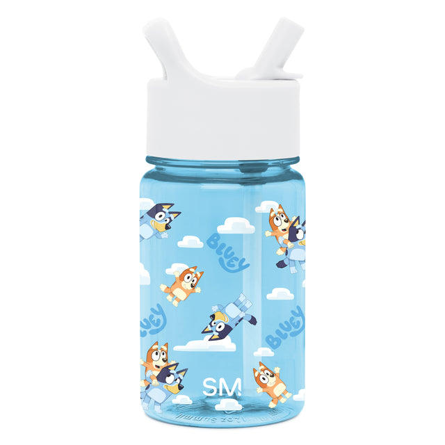 Sky blue water bottle with white lid and handle, featuring white clouds and blue text design elements. Sky blue water bottle with white lid and handle, featuring white clouds and blue text design elements.
