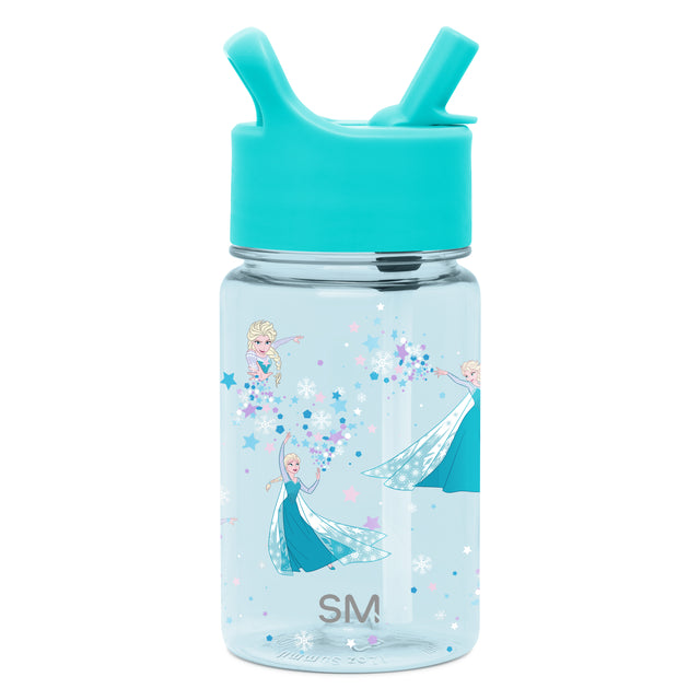 Turquoise cap and lid on a pale blue translucent bottle with teal, white, pink, and purple graphic accents Turquoise cap and lid on a pale blue translucent bottle with teal, white, pink, and purple graphic accents