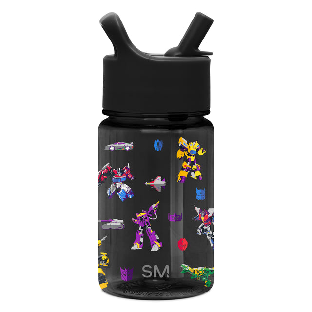 Black water bottle with colorful Transformers character graphics on front Black water bottle with colorful Transformers character graphics on front