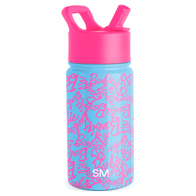 Hot pink and sky blue water bottle with repeating text graphic on body and pink lid Hot pink and sky blue water bottle with repeating text graphic on body and pink lid