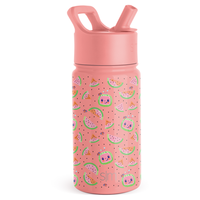 Soft coral pink water bottle with lid and handle assembly, lower portion decorated with pattern design Soft coral pink water bottle with lid and handle assembly, lower portion decorated with pattern design
