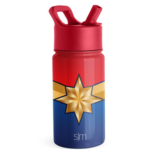 Three-section water bottle with bright red upper portion, golden yellow middle band, and deep navy blue lower section in bold color-block design Three-section water bottle with bright red upper portion, golden yellow middle band, and deep navy blue lower section in bold color-block design