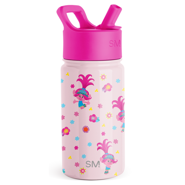 Bright magenta water bottle with pale pink body and matching lid, featuring vibrant printed graphic accents Bright magenta water bottle with pale pink body and matching lid, featuring vibrant printed graphic accents