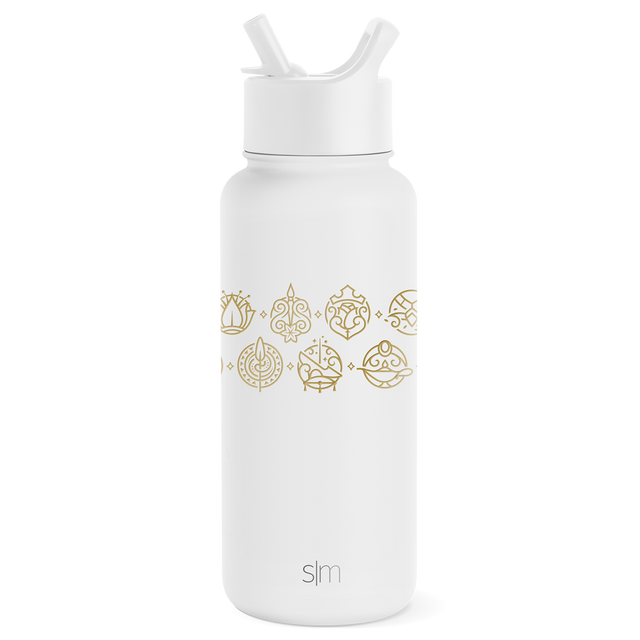 White insulated water bottle with wide mouth opening and dual-handle straw cap on cylindrical body with tapered lower section White insulated water bottle with wide mouth opening and dual-handle straw cap on cylindrical body with tapered lower section