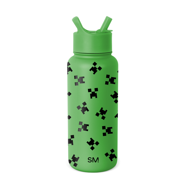 Bright lime green water bottle with black and dark gray pixelated patterns scattered across the surface Bright lime green water bottle with black and dark gray pixelated patterns scattered across the surface