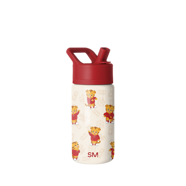 Simple Modern children's water bottle with cream body, red flip-top cap and handle, decorated with playful cartoon tigers in red outfits and yellow accents scattered across the surface. Simple Modern children's water bottle with cream body, red flip-top cap and handle, decorated with playful cartoon tigers in red outfits and yellow accents scattered across the surface.
