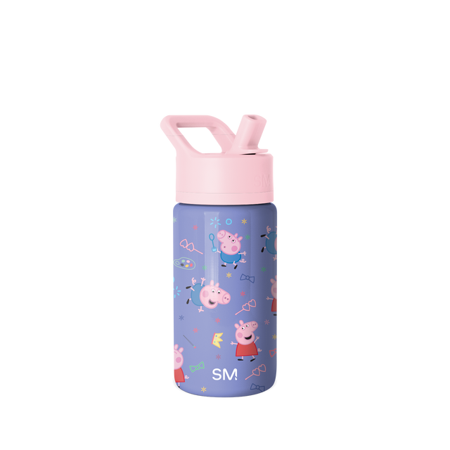 Simple Modern kids water bottle in periwinkle blue with colorful Peppa Pig characters and playful icons printed on the body, displayed against a white background. Simple Modern kids water bottle in periwinkle blue with colorful Peppa Pig characters and playful icons printed on the body, displayed against a white background.