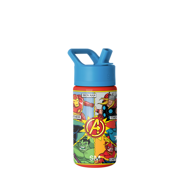 Simple Modern water bottle with bright blue twist-top lid and carry handle, featuring Marvel Avengers superhero graphic wrap on white background. Simple Modern water bottle with bright blue twist-top lid and carry handle, featuring Marvel Avengers superhero graphic wrap on white background.