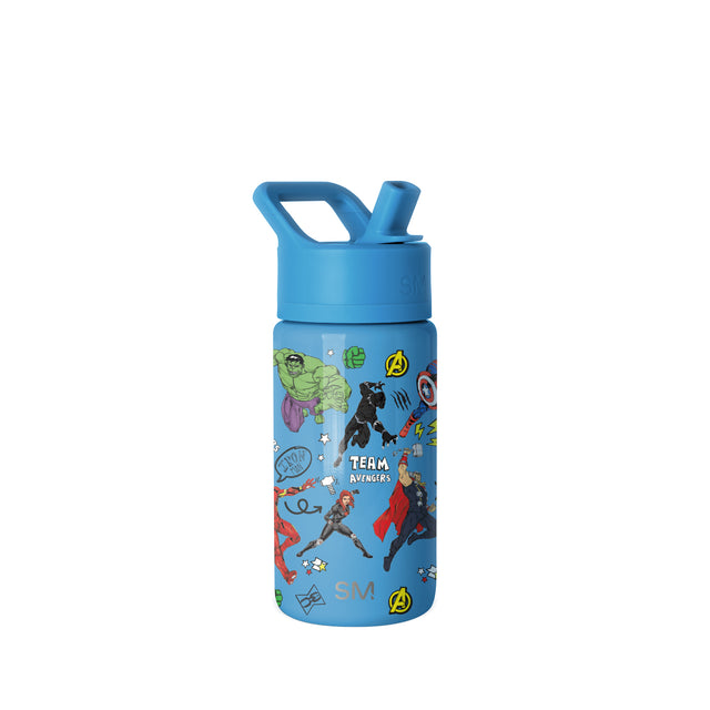 Bright blue Simple Modern 14-ounce kids water bottle with flip-top straw cap and carry handle, featuring Marvel Avengers characters and Bright blue Simple Modern 14-ounce kids water bottle with flip-top straw cap and carry handle, featuring Marvel Avengers characters and