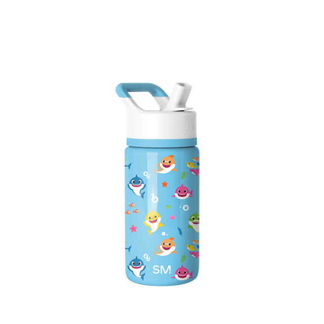 Bright sky blue water bottle with white cap and band, featuring vibrant orange, pink, yellow, and green accents in a playful design. Bright sky blue water bottle with white cap and band, featuring vibrant orange, pink, yellow, and green accents in a playful design.
