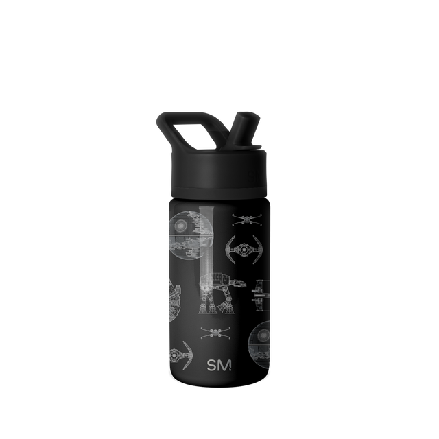 Black water bottle with gray and silver metallic line-art graphics on dark background Black water bottle with gray and silver metallic line-art graphics on dark background