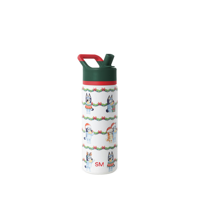 White cylindrical water bottle with dark forest green cap, bright red band below the lid, and handle attachment. White cylindrical water bottle with dark forest green cap, bright red band below the lid, and handle attachment.