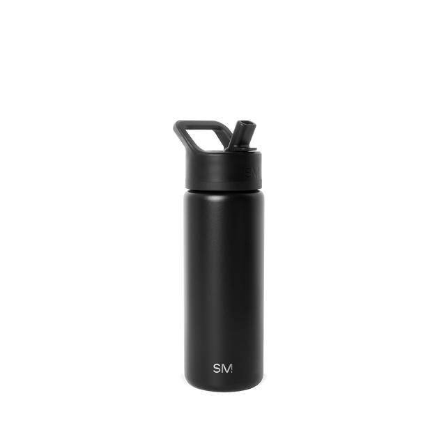 Matte black water bottle with matching cap and base on white background Matte black water bottle with matching cap and base on white background