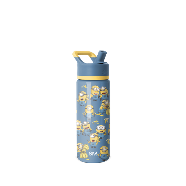 Dusty blue water bottle with bright golden yellow lid, handle, and middle band accent. Dusty blue water bottle with bright golden yellow lid, handle, and middle band accent.