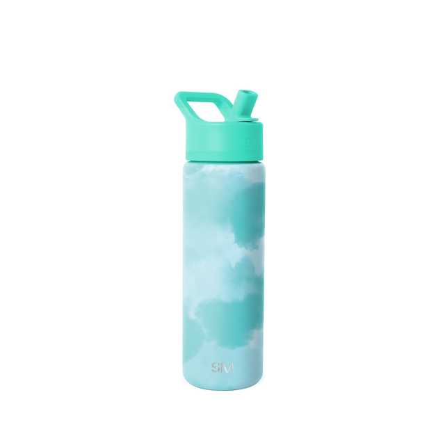 Soft turquoise water bottle with white base and bright mint green cap and handle Soft turquoise water bottle with white base and bright mint green cap and handle